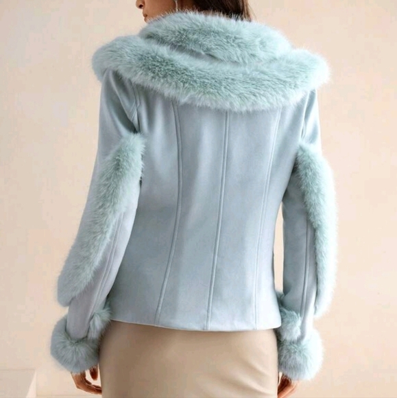 Women's Solid Color Patchwork Fluffy Long Sleeve Loose Fashion Jacket,Winter - Picture 3 of 6